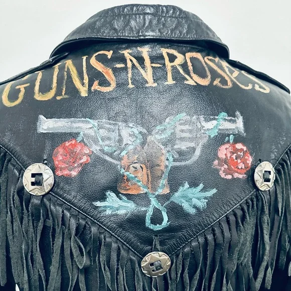 Guns ‘n Roses, One of a Kind, Hand Painted Vintage Black Leather Fringe Jacket